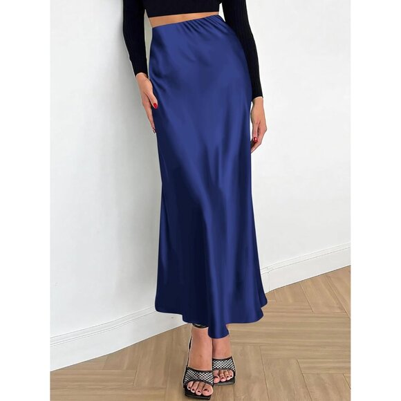 Women Navy Blue Maxi Dressy Casual Zipped High Waisted Silk Elegant Long Skirt - Picture 4 of 7